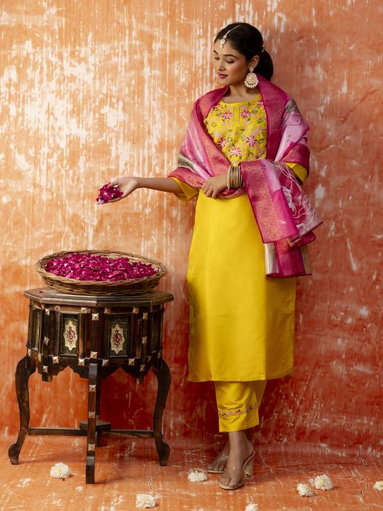 VP 9697 Yellow Silk Blend Kurti Pant Dupatta Set